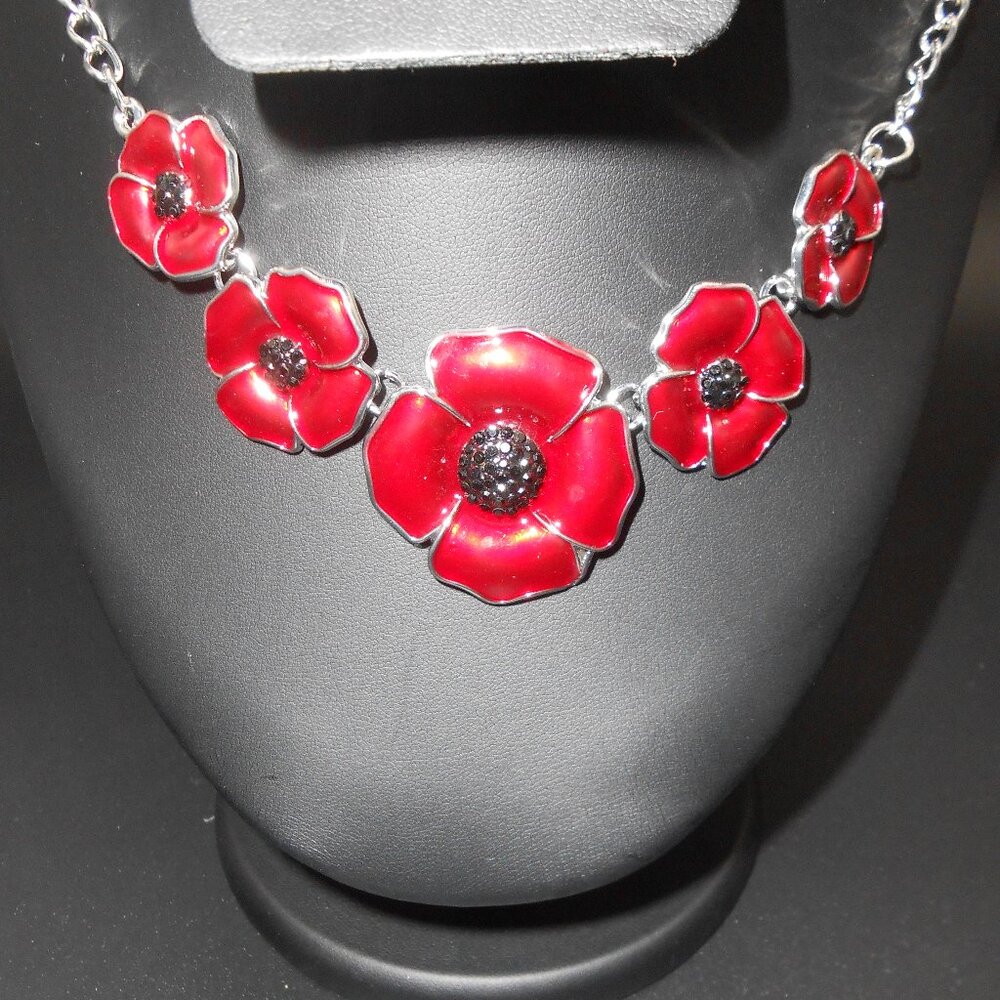Necklace, Black Austrian Crystal and Enameled Poppy Flower 20 In,  Silvertone